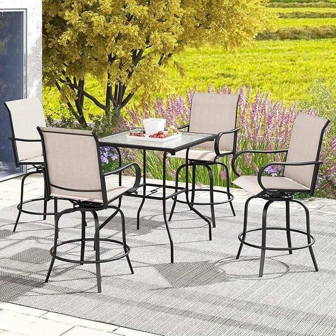 Giantex Set of 2 Swivel Outdoor Bar Stools, All-Weather Bar Height Patio Chairs, 330LBS Capacity, 360 Rotating Outside Bar Chairs with High Back Armrests, for Porch Yard Lawn Garden Pool (Grey)
