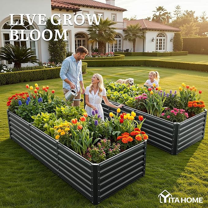 YITAHOME 8x4x2ft Large Raised Garden Bed Kit, Galvanized Metal Planter Box with Gloves, Ground Nails, Support Rod & Safety Rubber, Outdoor Above Ground Planters for Plants Vegetables Flowers, Black