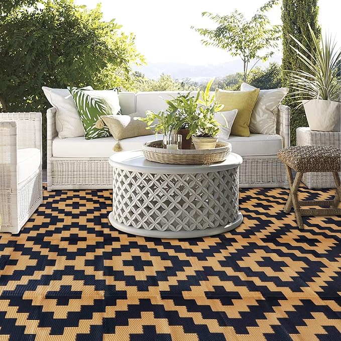SAND MINE Reversible Mats, Plastic Straw Rug, Modern Area Rug, Large Floor Mat and Rug for Outdoors, RV, Patio, Backyard, Deck, Picnic, Beach, Trailer, Camping, Black & Brown, 9' x 12'