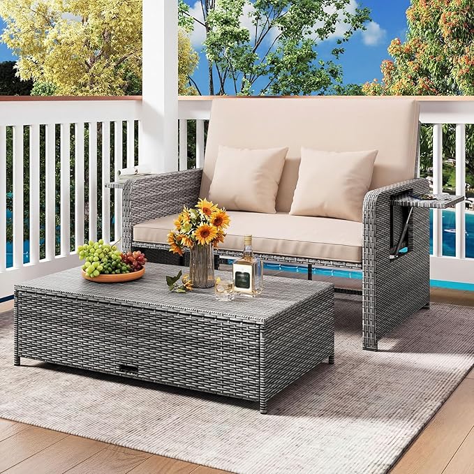 HAPPYGRILL Patio Rattan Wicker Daybed with Loveseat & Storage Ottoman, Outdoor Lounge Sofa Furniture Set with Adjustable Backrest & Side Trays, for Poolside Deck Porch Lawn (Mix Grey & Beige)