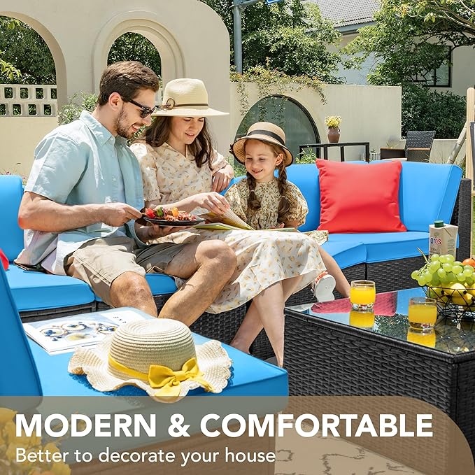 Devoko 7 Pieces Outdoor Sectional Sofa Patio Furniture Sets Manual Weaving Wicker Rattan Patio Conversation Sets with Cushion and Glass Table (Blue)