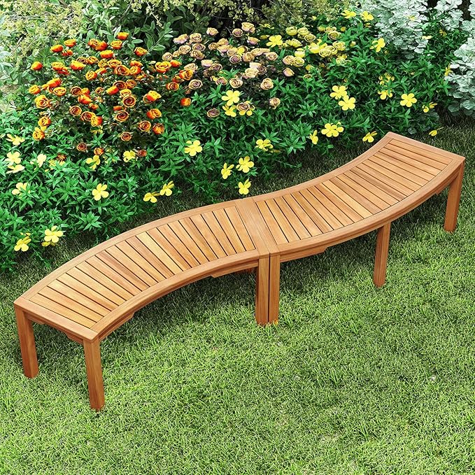 Tangkula Outdoor Curved Bench, Acacia Wood Fire Pit Bench w/Slatted Seat, Patio Backless 2-Person Seating for Porch, Yard, Garden, 800 LBS Max Load, Oil Painted (1, 45")