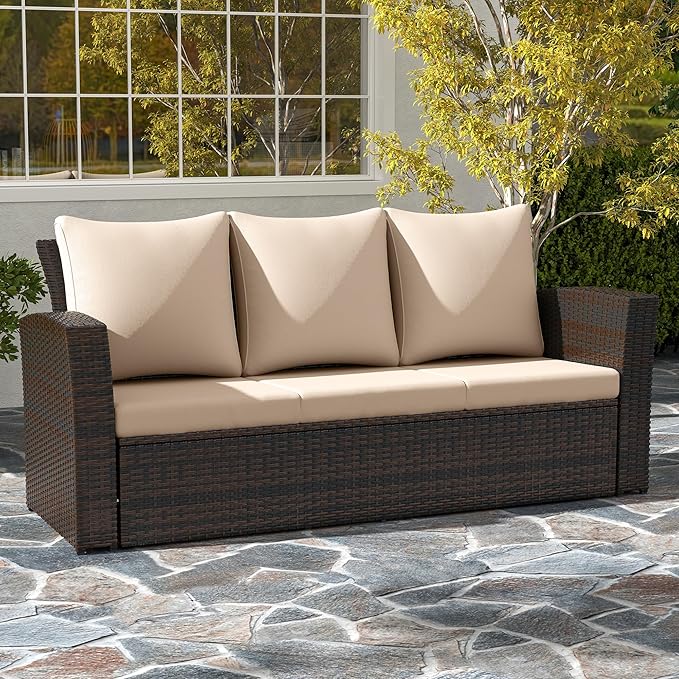 Wisteria Lane All Weather Wicker Patio Couch, 3 Seats Patio Sofa with Thick Cushions, Outdoor Furniture Couch with High Back, Outdoor Patio Sofa for Garden, Backyard, Porch, Beige