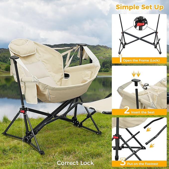 Ainfox Hammock Chair with Footrest, Oversized Swinging Portable Folding Camping Chairs for Adults Outside Swinging Camp with Cup Holder Pillow for Outdoor Patio Lawn Beige