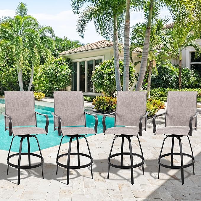 Vongrasig 4 Piece Patio Swivel Bar Chairs, All Weather Metal Textile High Swivel Bar Stools Chairs, Outdoor High Top Bistro Set for Backyard, Lawn Garden, Balcony, Taupe