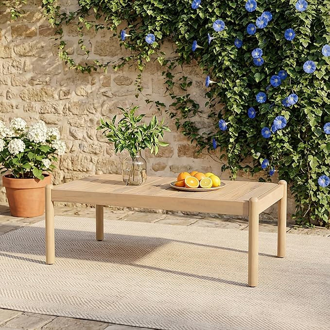 Christopher Knight Home Lenor Patio Acacia Wood Coffee Table, Solid Wood Outdoor Table for Patio Furniture Set, Slat Panel Rectangular Top, Light Teak