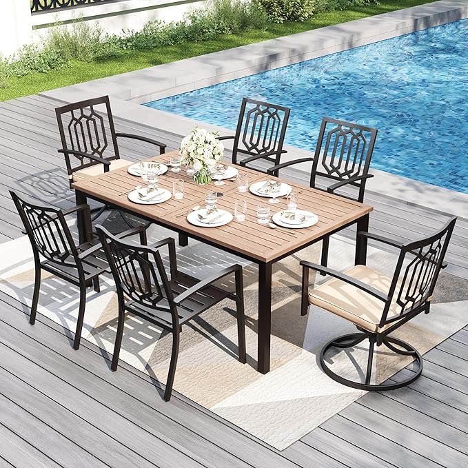 PHI VILLA 7 Pieces Outdoor Dining Set for 6, 65” Brown Wood-Like Wrought Iron Table with Umbrella Hole & Fixed/Swivel Chairs Combo with Cushions, Modern Metal Furniture for Patio, Deck, Yard, Porch