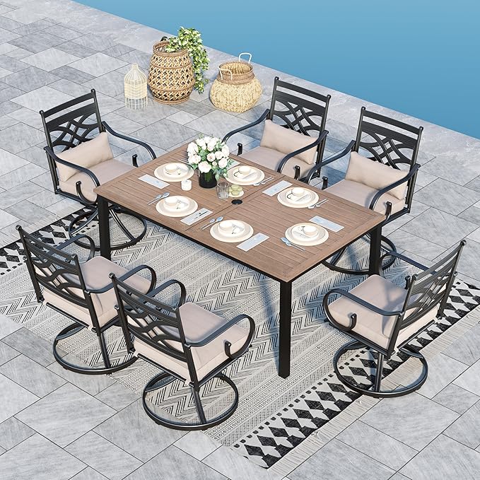 Sophia & William Swivel Patio Dining Set for 6 | Outdoor Table and Chairs | Removable Seat Cushions | 64" Metal Tabletop with Wood Texture