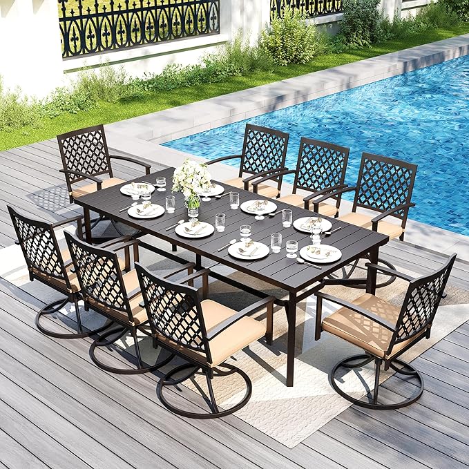 PHI VILLA 9 Pieces Outdoor Dining Set for 8, 83" Rectangle Metal Steel Table with Umbrella Hole & Swivel Wrought Iron Chairs with Cushions, Outside Furniture Set for Patio, Deck, Yard, Porch