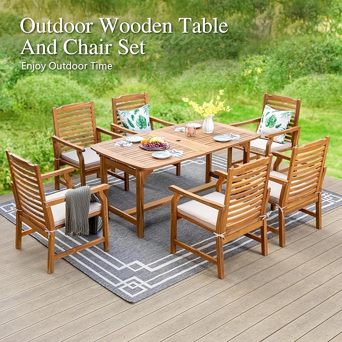 Sophia & William Patio Outdoor Table and Chairs Set, Patio Dining Sets for 6-8, 7 Pieces Patio Table Set for Backyard Deck Porch Outside, Acacia Wood Table Expandable with 1.97" Hole