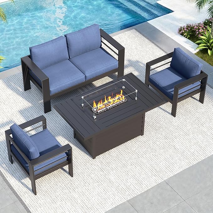 Solaste Aluminum Patio Furniture Set with Fire Pit Table, 4 Piece Metal Outdoor Furniture with Water-Resistant Cushions, Modern Patio Conversation Set for Balcony, Front Porch, and Backyard,Blue