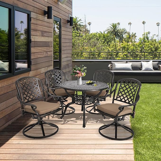 5-Piece Cast Aluminum Outdoor Patio Dining Set, All Weather Cast Aluminum Outdoor Furniture Dining Set for Patio, Balcony, Garden, Backyard w/4 Swivel Chairs & Cushions, 2.0" Umbrella Hole