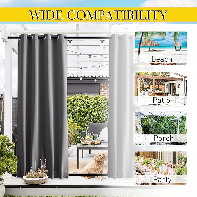 NICETOWN 2 Panels Windproof Blackout Outdoor Curtains for Patio Waterproof, Grommet & Back Tab on Top & Bottom Heavyweight Drapes Privacy for Pergola with Bouns Rope for Fixed, Grey, W46 x L80