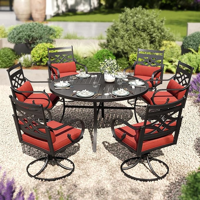 PHI VILLA 7 Pieces Outdoor Dining Set for 6, 54" Round Black Metal Table with Umbrella Hole & Wrought Iron Swivel Chairs, Large Outside Furniture with Red Cushions & Pillows for Patio, Deck, Porch