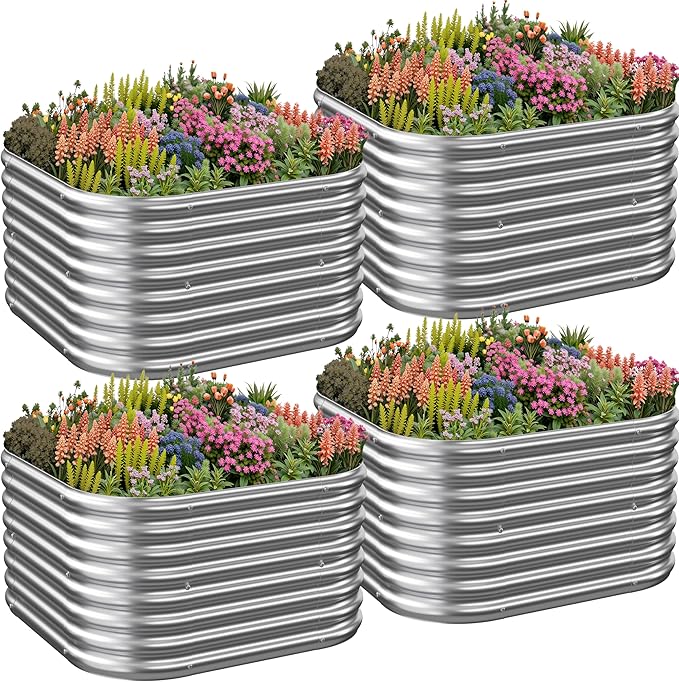 4 Pcak 2x2FT Raised Beds for Gardening, Corrugated Galvanized Steel Raised Garden Bed, Outdoor Metal Above Ground Garden Bed for Vegetables and Flowers-2x2FTx10Inch