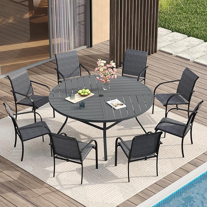 VICLLAX Patio Table and Chair Set of 8, All Weather Metal Round Outdoor Dining Furniture Set-53 Round Outdoor Table and Chairs, Grey Tabletop