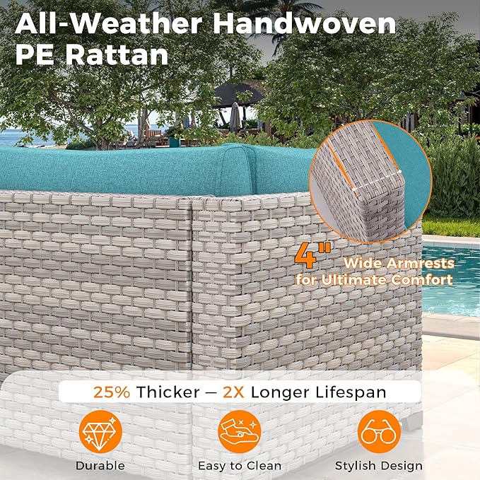 6-Seat Modular Patio Furniture Set – Outdoor Wicker Sectional Sofa with Thick 4″ Cushions, Dual-Strand PE Rattan, Rust-Resistant 18 mm Steel Frame, Backyard Garden Deck Lounge,Blue