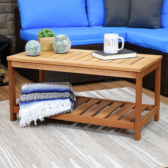 Sunnydaze Teak Outdoor Coffee Table for Patio - Coffee Table for Outside or Patio - Rectangle - 35 Inch - Meranti Wood