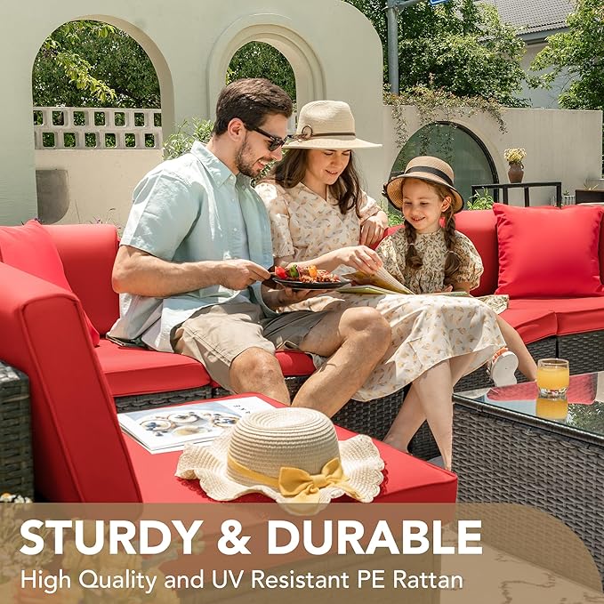 Devoko Patio Furniture Sets 6 Pieces Outdoor Sectional Rattan Sofa Manual Weaving Wicker Patio Conversation Set with Glass Table and Cushion (Red)