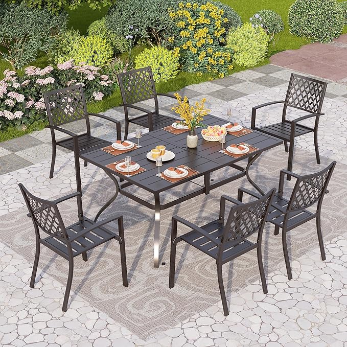 PHI VILLA 7 Pieces Outdoor Dining Set for 6, 60” Rectangular Metal Table with Umbrella Hole & Stackable Black Wrought Iron Chairs, Large Outside Furniture for Patio, Deck, Backyard, Porch