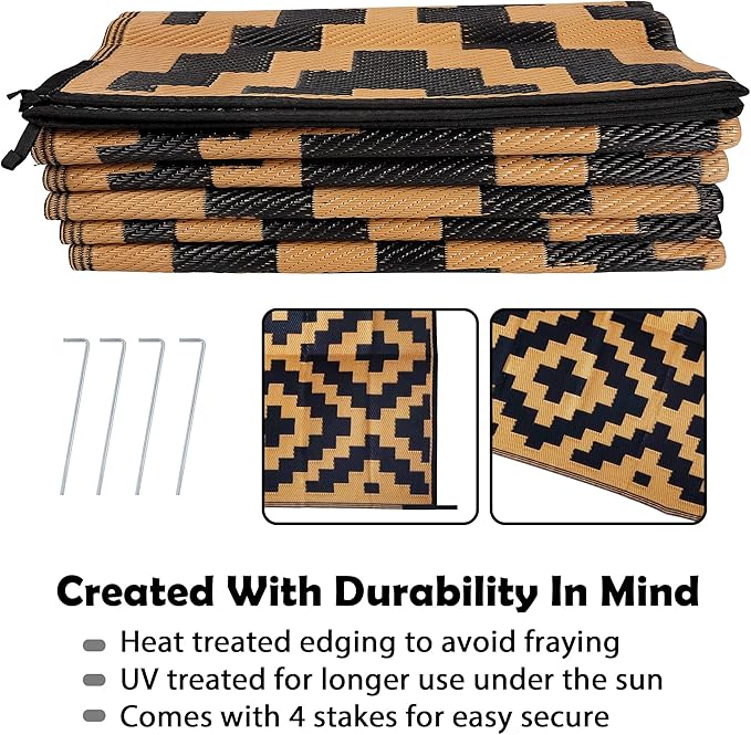 SAND MINE Reversible Mats, Plastic Straw Rug, Modern Area Rug, Large Floor Mat and Rug for Outdoors, RV, Patio, Backyard, Deck, Picnic, Beach, Trailer, Camping, Black & Brown, 9' x 12'