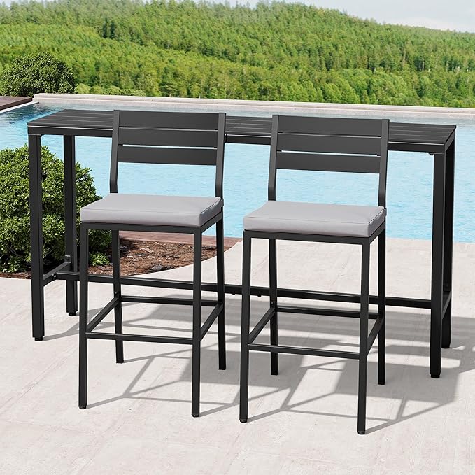 Crestlive Products Outdoor Bar Table and Chairs Set, 3 Piece Outside Patio Bar Set with 63" Long Bar Table and 2 Bar Stools for Balcony, Bistro, Garden, Backyard(Black Desktop and Light Gray Cushion)