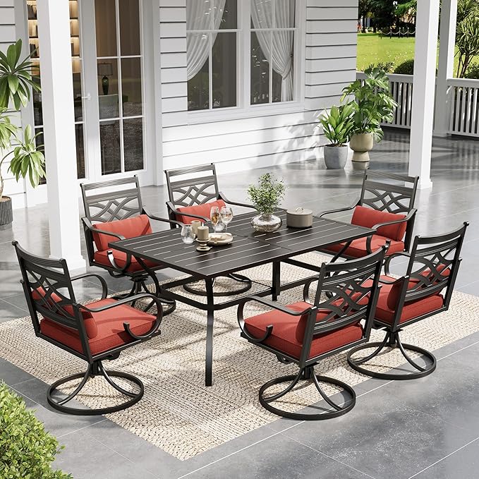 Sophia and William Swivel Patio Dining Set for 6, Outdoor Table and Chairs, Removable Seat Cushions, 60" Black Patio Dining Table,Red