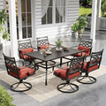 Sophia and William Swivel Patio Dining Set for 6, Outdoor Table and Chairs, Removable Seat Cushions, 60" Black Patio Dining Table,Red