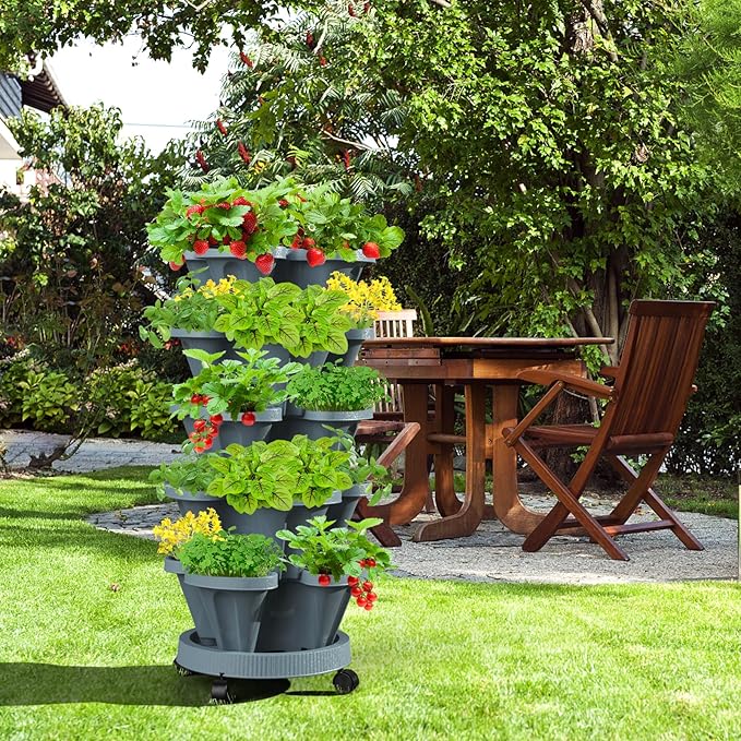 Strawberry Vertical Planter Tower Garden, 7 Tiered Stackable Planter Herb Garden Planter with Movable Casters and Bottom Saucer Indoor and Outdoor - Dark Grey