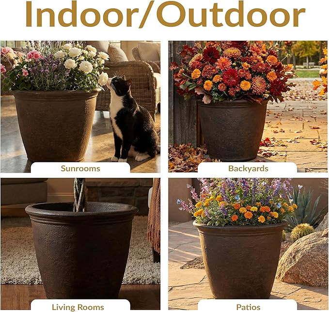 Sunnydaze 20-Inch Anjelica Large Plastic Pot for Plants - Outdoor Double-Walled Large Plastic Planter with Drillable Drainage Holes - Sable - 4pk