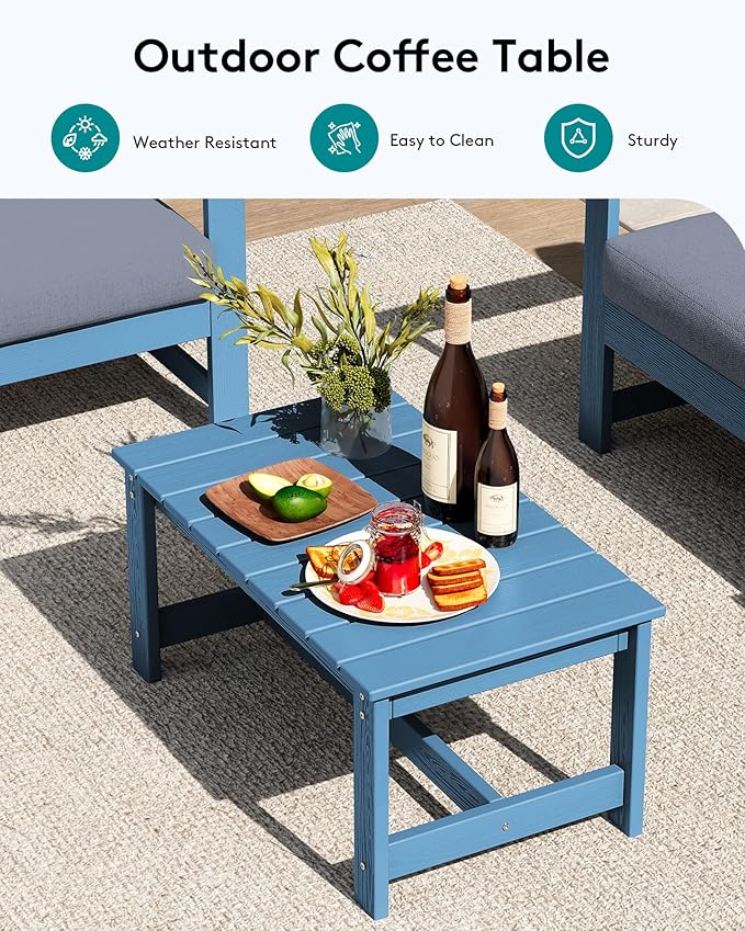 SERWALL 4 Pieces HDPE Outdoor Sofa Set with Cushion, All Weather Use Conversation Couch Set, Outdoor Loveseat Social Furniture with Coffee Table and Cushions, Blue Frame with Grey Cushions
