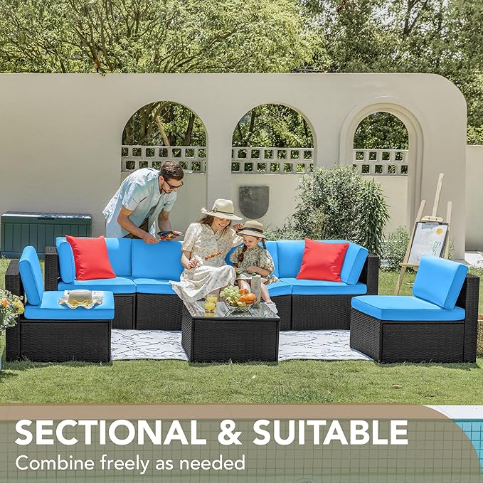 Devoko 7 Pieces Outdoor Sectional Sofa Patio Furniture Sets Manual Weaving Wicker Rattan Patio Conversation Sets with Cushion and Glass Table (Blue)