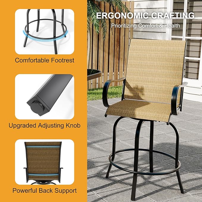 3 PCS Patio Swivel Bar Stools Set, 3 Piece Swivel Outdoor Table and Chairs Bar Set, All Weather Textile Fabric Outdoor High Stool Bistro Set with High Glass Bar Table for Lawn, Garden, Balcony