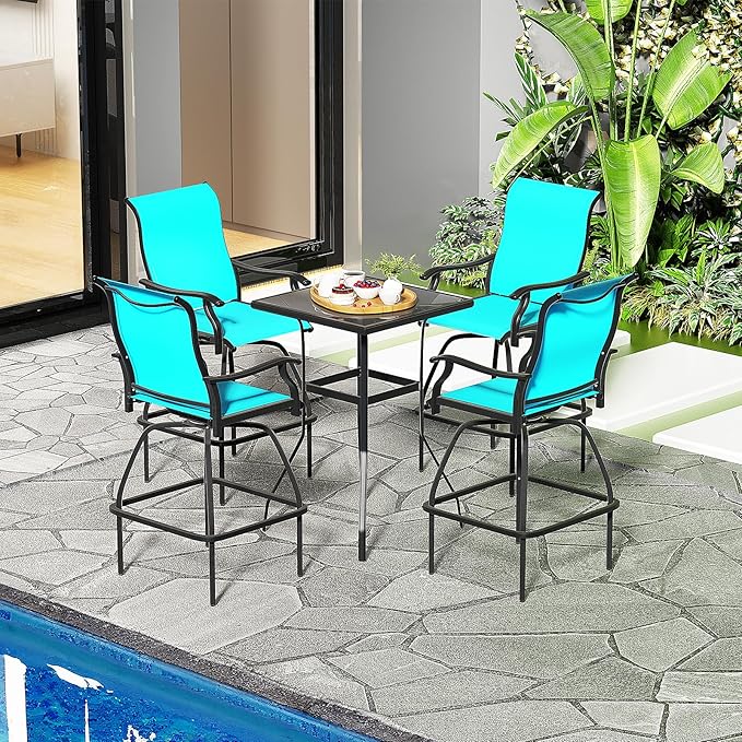 LEVELEVE Patio Bar Set 2pcs Swivel Bar Stools Outdoor Bistro Textilene Furniture Stability All-Weather Set (5, Lake Blue Padded)