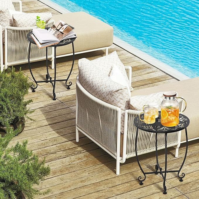 2 Pack 14Inch Outdoor Side Tables for Patio, Weather Resistant Steel Patio Side Table, Small Round Outdoor End Table Metal Side Table for Patio Yard Balcony Garden Black (Flowers)