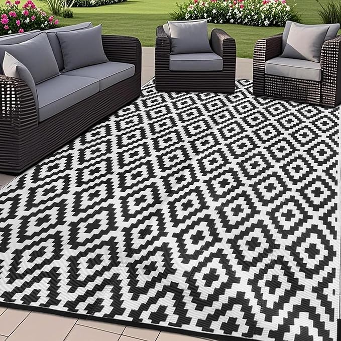 SAND MINE Waterproof Outdoor Rug 8x10 ft, Plastic Reversible Rug, Modern Area Rug, Large Floor Mat for Outdoors, RV, Patio, Backyard, Deck, Picnic, Beach, Camping (8' x 10', Black & White Lattice)