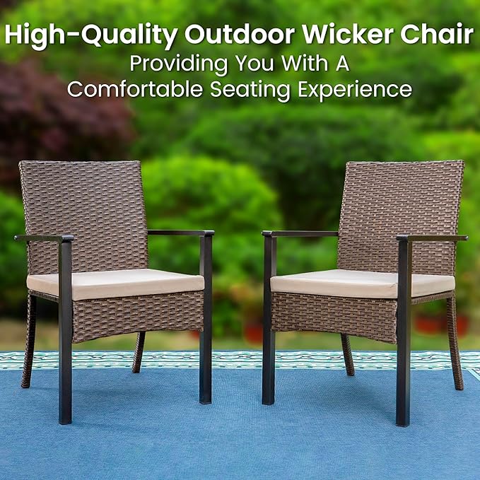 PHI VILLA 5 Pieces Outdoor Dining Set with Umbrella for 4, 37" Square Metal Dining Table & 4 Cushioned Wicker Rattan Chairs with 10ft Red Umbrella for Patio, Deck, Yard, Porch