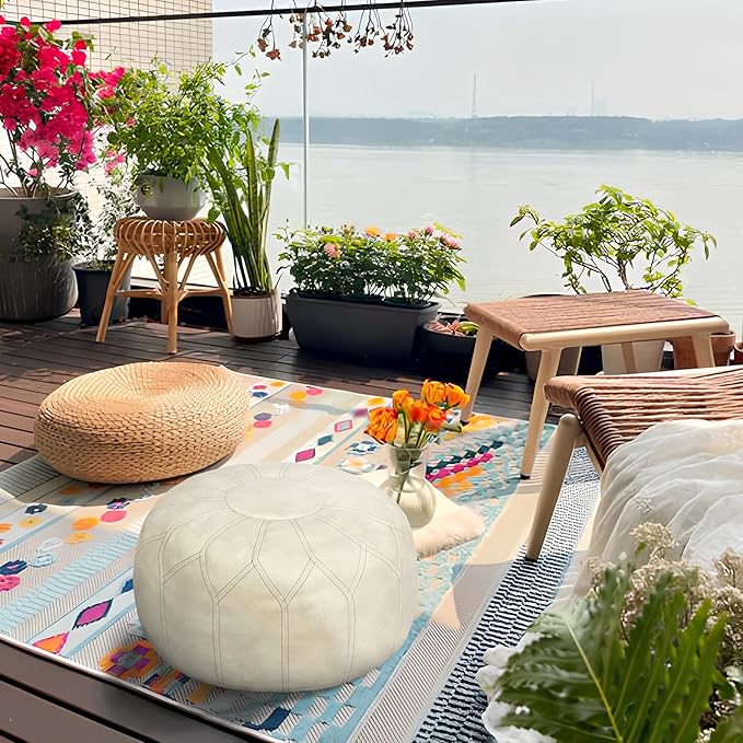Thgonwid Unstuffed Moroccan Faux Leather Pouf Ottoman with Storage - Handmade Boho Chic Multi-Use Footrest for Living Room, Bedroom, Patio - Round Ethnic Floor Cushion & Decorative Accent, Ivory