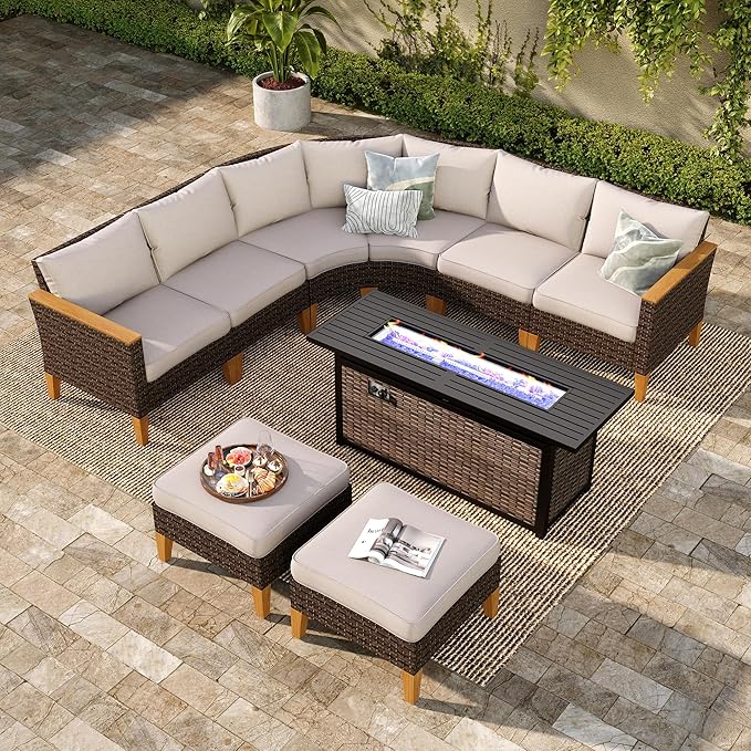PHI VILLA 8-Piece Curved Patio Furniture Set with Fire Pit Table, Outdoor Wicker Half-Moon Sectional Sofa with Cushions, 56” Gas Fire Pit Table and Ottomans, Beige