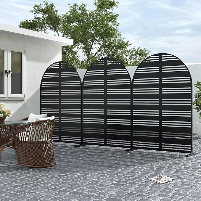 Casaphoria 72" H x 47" W Arched Metal Privacy Screen - Elegant Freestanding Outdoor Screen for Deck, Patio & Balcony - Versatile Decorative Privacy Panels for Home & Garden Use (Black-Harold)