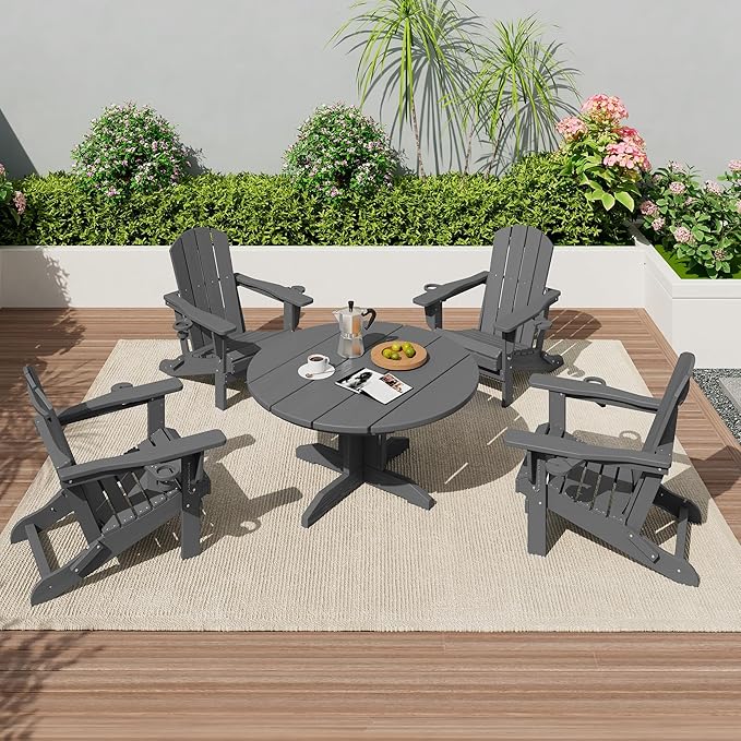 SERWALL Outdoor Round Coffee Table Set, 5-Piece Outdoor Coffee Table and Adirondack Chair with Cup Holders Gray