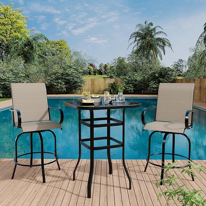 3 PCS Patio Swivel Bar Stools Set, 3 Piece Swivel Outdoor Table and Chairs Bar Set, All Weather Textile Fabric Outdoor High Stool Bistro Set with High Glass Bar Table for Lawn, Garden, Balcony