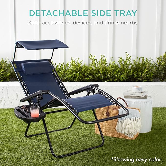Best Choice Products Folding Zero Gravity Outdoor Recliner Patio Lounge Chair w/Adjustable Canopy Shade, Headrest, Side Accessory Tray, Textilene Mesh - Pink