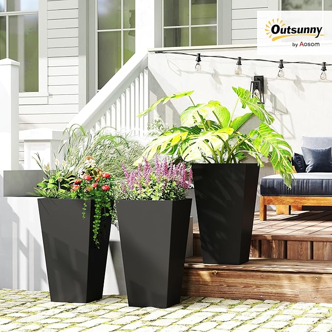 Outsunny Tall Planters for Outdoor Plants Set of 3, 28 in Taper Planters with Drainage Holes, Indoor Grande Plant Pots, Front Porch Decor (Black)