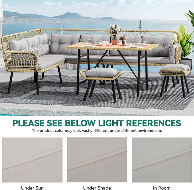 YITAHOME Patio Wicker L-Shaped Furniture Set, All-Weather Rattan Outdoor Conversation Sofa Set for Backyard Deck with Soft Cushions,Ottomans and Wood-Like Dining Table, Light Brown+Gray