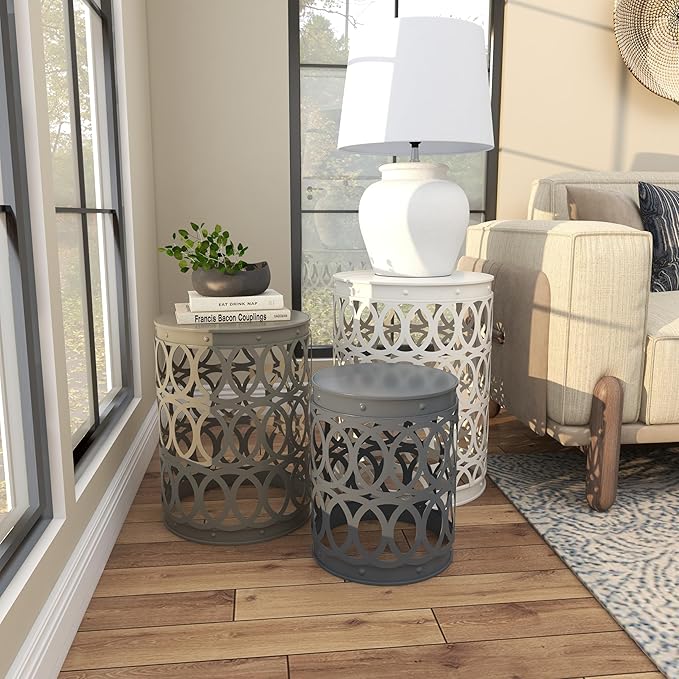 Deco 79 Metal Side End Accent Table Indoor Outdoor Nesting End Table with Carved Trellis Design, Set of 3 Side Table 23", 19", 15"H, Multi Colored