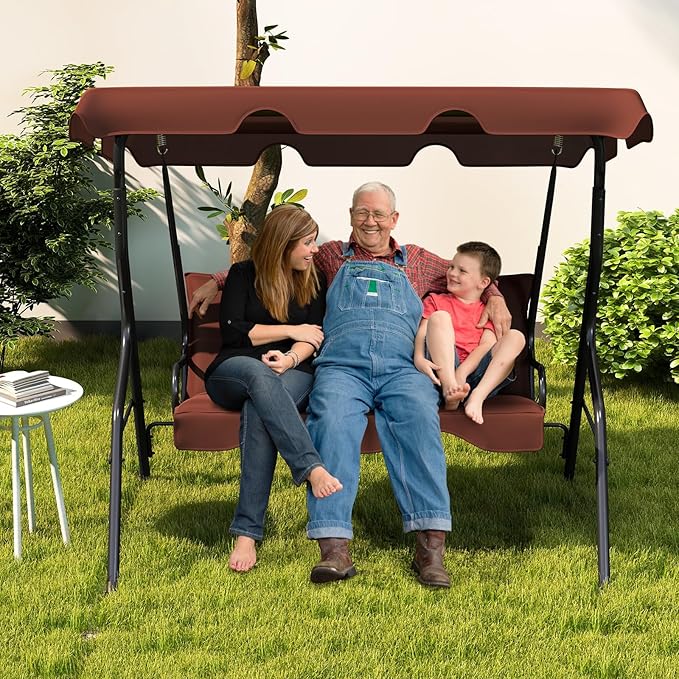 Tangkula 3 Person Porch Swing, Patio Swing with Removable Cushion & Powder-Coated Steel Frame, Outdoor Swing with Canopy for Porch, Backyard, Garden, Balcony (Coffee)