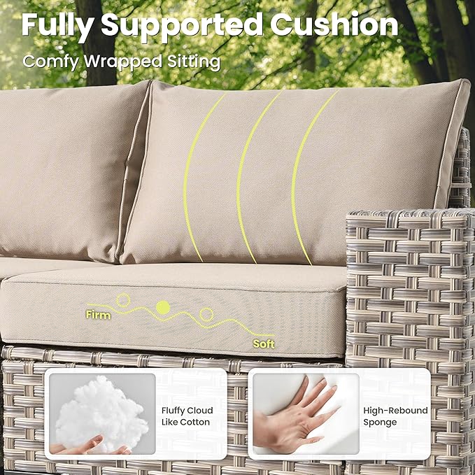 ovios 5-Piece Patio Furniture Set with L-Shape Sofa Chaise, Outdoor Sectional Couch Solar Table, Modern Modular Wicker Rattan Conversation Set, Beige