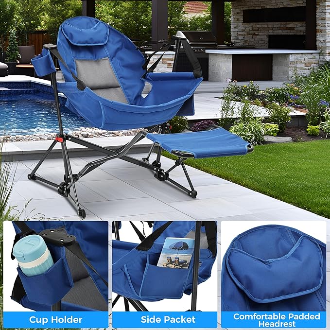 Ainfox Hammock Chair with Footrest, Oversized Swinging Portable Folding Camping Chairs for Adults Outside Swinging Camp with Cup Holder Pillow for Outdoor Patio Lawn Blue