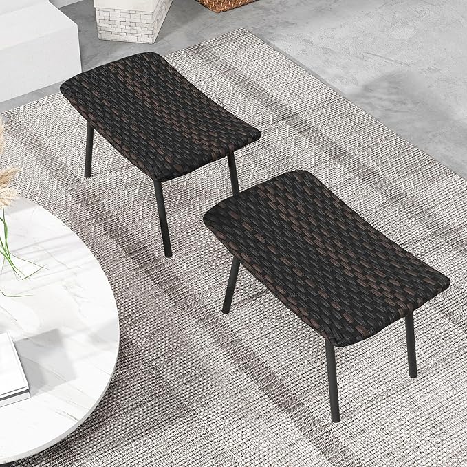 Tangkula Set of 2 Patio Ottomans, Multipurpose Rattan Ottomans w/Padded Quick Dry Foam & Heavy-Duty Metal Legs, Outdoor Wicker Footrest Extra Seating for Poolside, Backyard All Weather Resistant